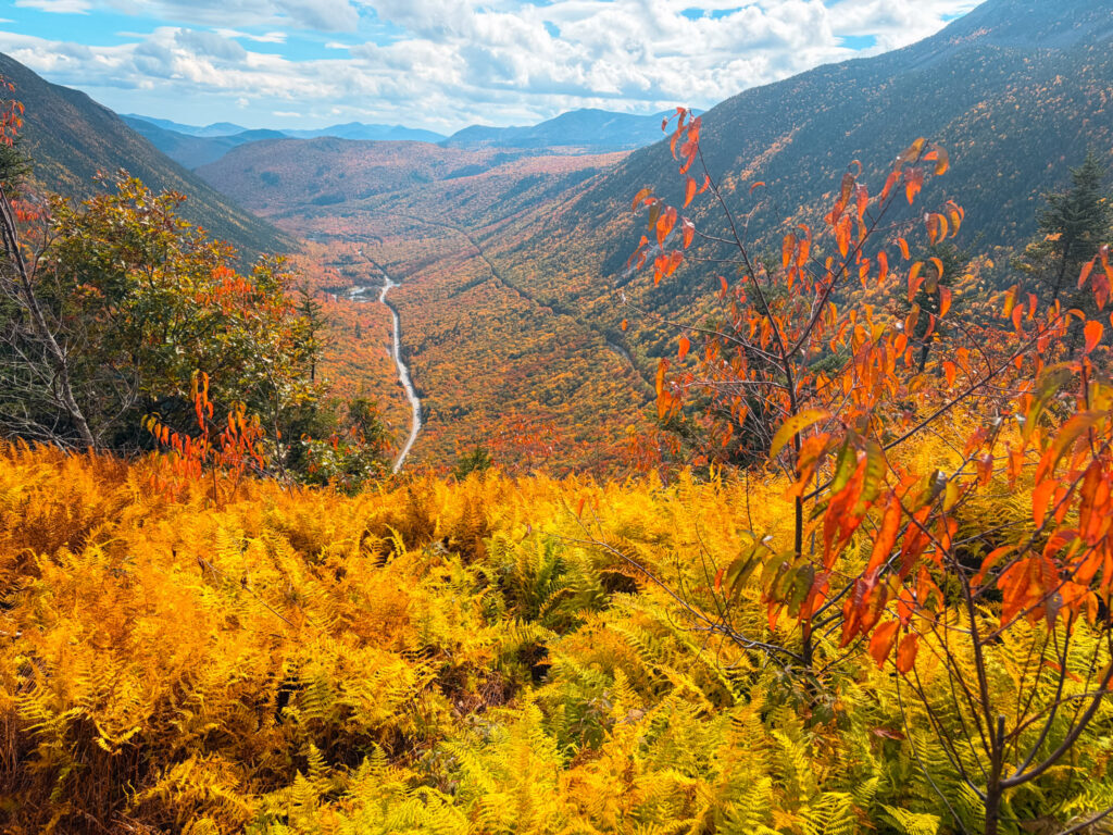 Winding road through a mountain valley surrounded by colorful fall foliage in New Hampshire's White Mountains.